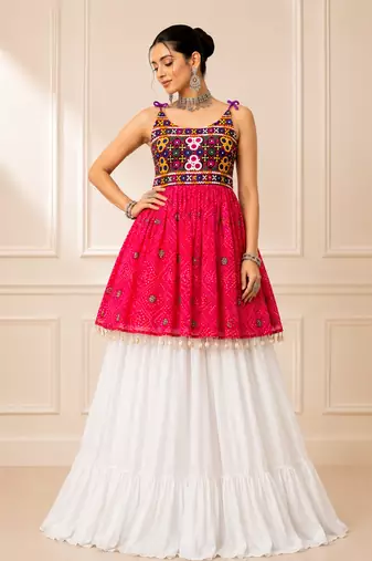 Pink Bandhani Kediya with Rayon Cotton Lehenga Set