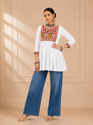 White gamthi mirror work rayon kediya top 1