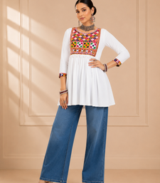 White gamthi mirror work rayon kediya top