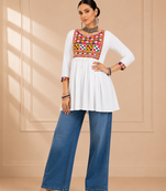 White gamthi mirror work rayon kediya top