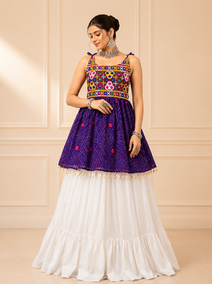 Purple Bandhani Kediya with Rayon Cotton Lehenga Set 1