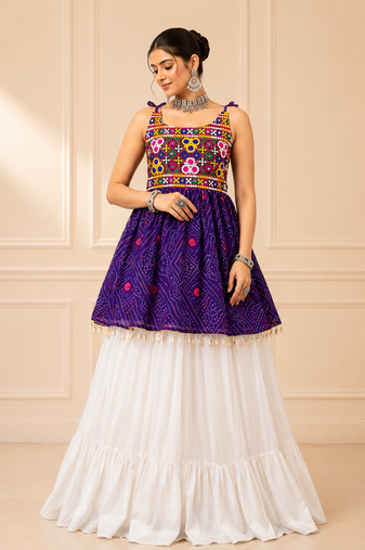 Purple Bandhani Kediya with Rayon Cotton Lehenga Set