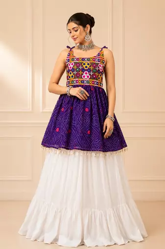 Purple Bandhani Kediya with Rayon Cotton Lehenga Set