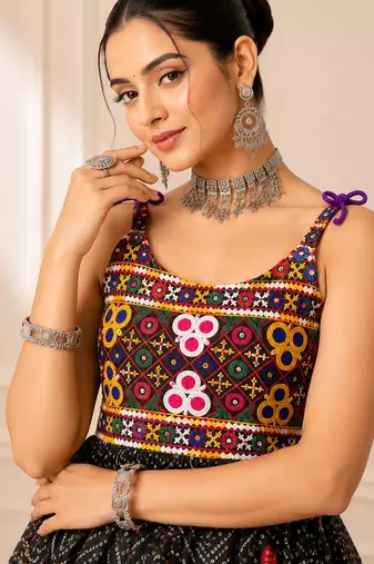 Black Bandhani Kediya with Rayon Cotton Lehenga Set
