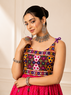 Pink Bandhani Kediya with Rayon Cotton Lehenga Set 2