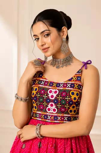 Pink Bandhani Kediya with Rayon Cotton Lehenga Set