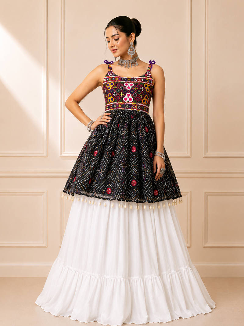 Black Bandhani Kediya with Rayon Cotton Lehenga Set