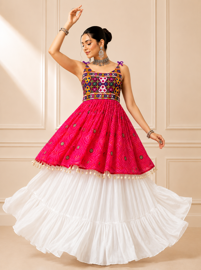 Pink Bandhani Kediya with Rayon Cotton Lehenga Set