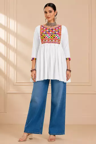White gamthi mirror work rayon kediya top