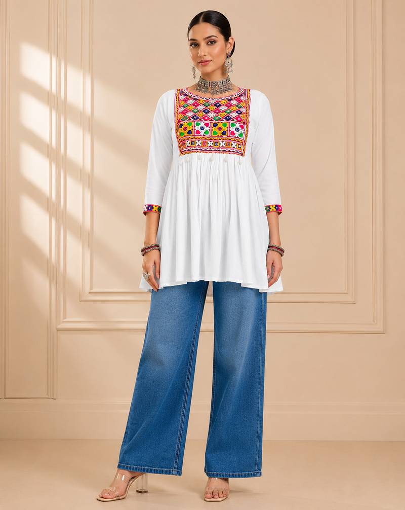 White gamthi mirror work rayon kediya top