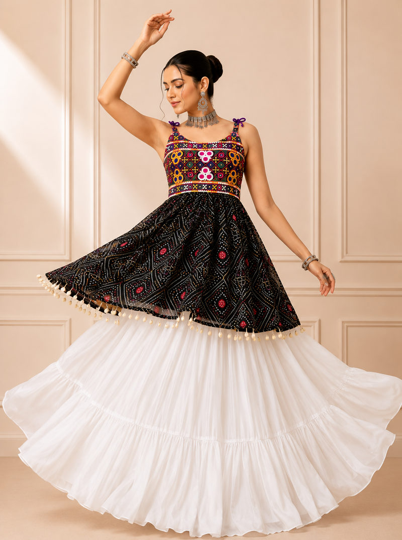 Black Bandhani Kediya with Rayon Cotton Lehenga Set