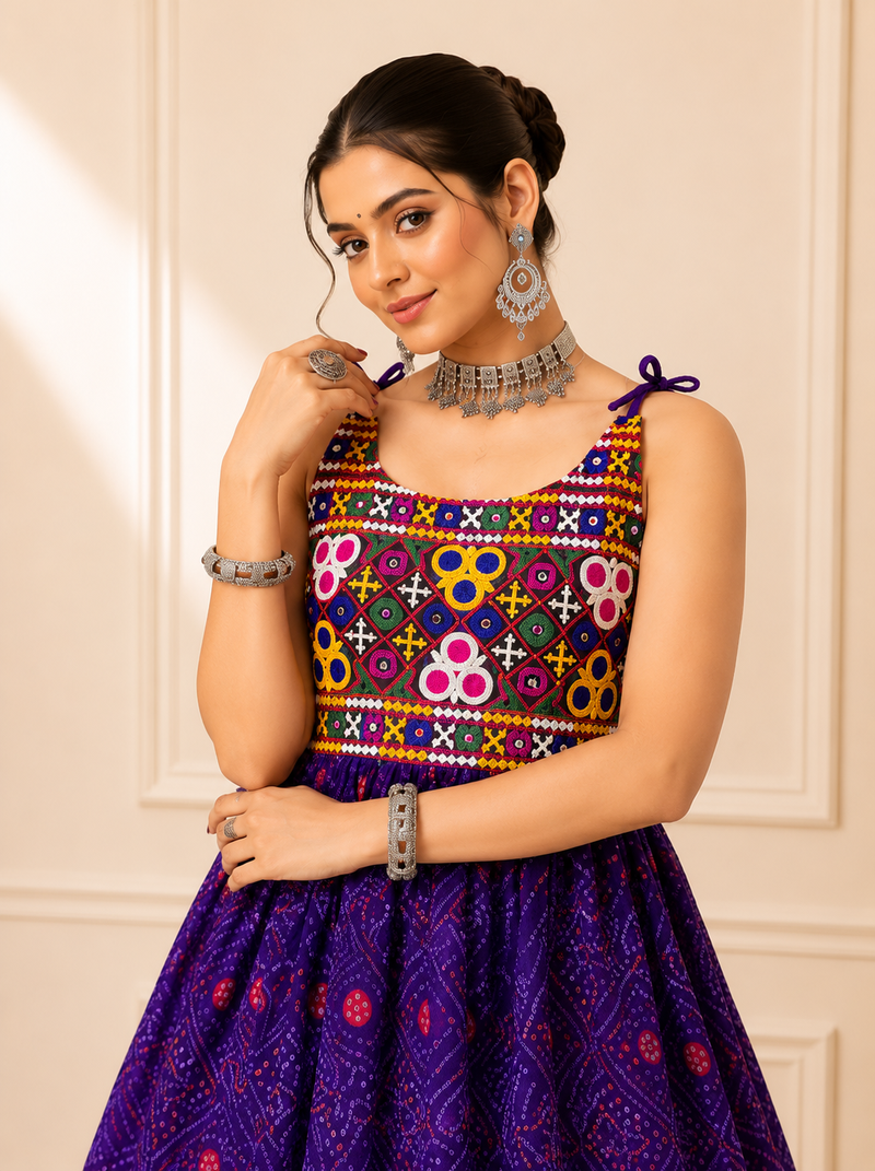 Purple Bandhani Kediya with Rayon Cotton Lehenga Set
