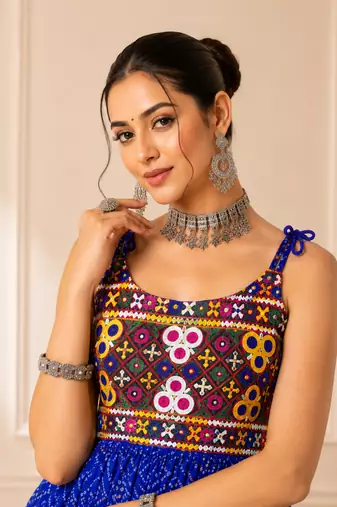 Blue Bandhani Kediya with Rayon Cotton Lehenga Set