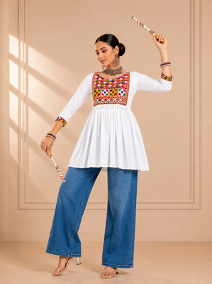 White gamthi mirror work rayon kediya top 3
