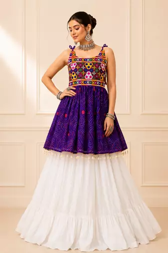 Purple Bandhani Kediya with Rayon Cotton Lehenga Set