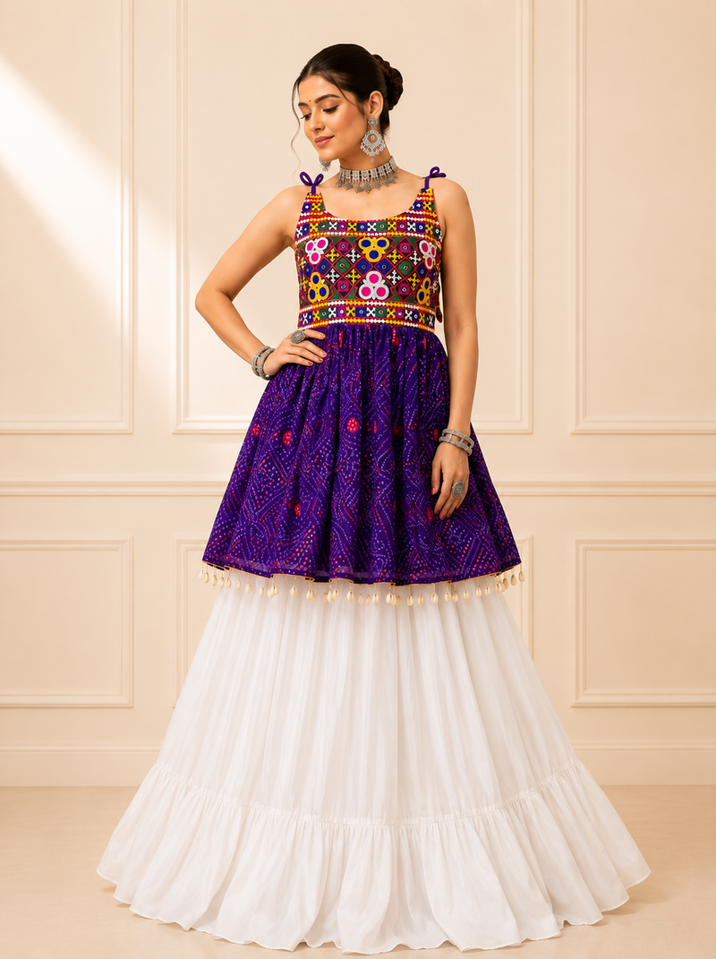 Purple Bandhani Kediya with Rayon Cotton Lehenga Set