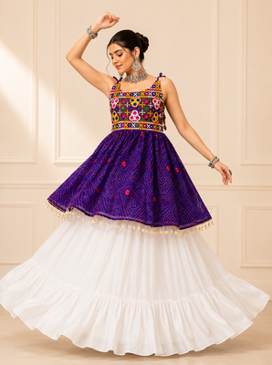 Purple Bandhani Kediya with Rayon Cotton Lehenga Set 4