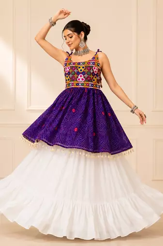 Purple Bandhani Kediya with Rayon Cotton Lehenga Set