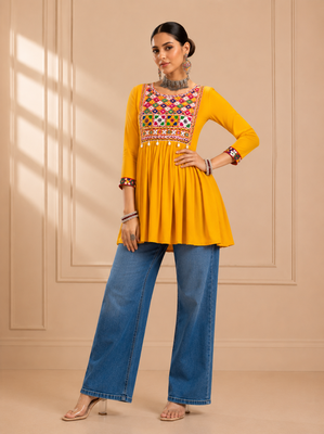 Yellow gamthi mirror work rayon kediya top 1