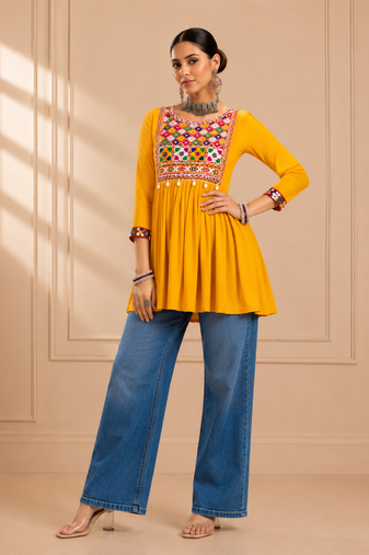 Yellow gamthi mirror work rayon kediya top
