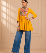 Yellow gamthi mirror work rayon kediya top