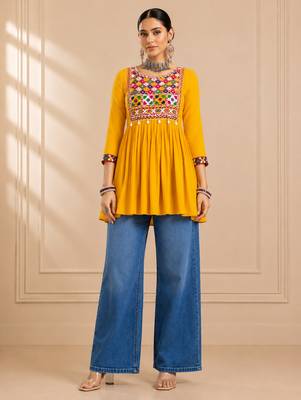 Yellow gamthi mirror work rayon kediya top 2