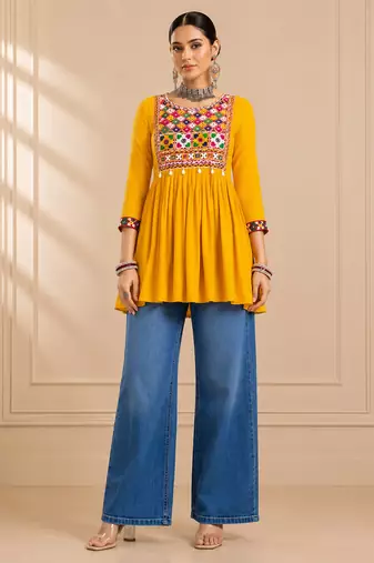 Yellow gamthi mirror work rayon kediya top