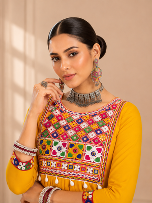 Yellow gamthi mirror work rayon kediya top 3