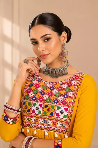 Yellow gamthi mirror work rayon kediya top