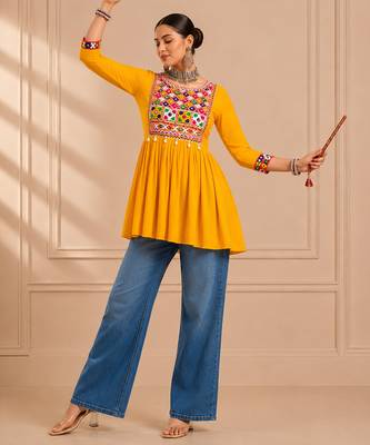 Yellow gamthi mirror work rayon kediya top 4
