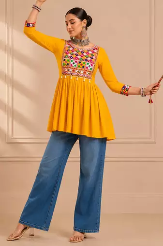 Yellow gamthi mirror work rayon kediya top