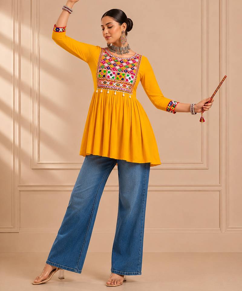 Yellow gamthi mirror work rayon kediya top