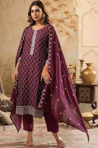 Women Ethnic Motifs Embroidered Regular Thread Work Kurta with Trousers & With Dupatta