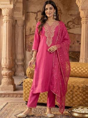 Women Ethnic Motifs Embroidered Regular Thread Work Liva Kurta with Trousers & With Dupatta 1
