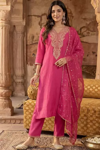 Women Ethnic Motifs Embroidered Regular Thread Work Liva Kurta with Trousers & With Dupatta