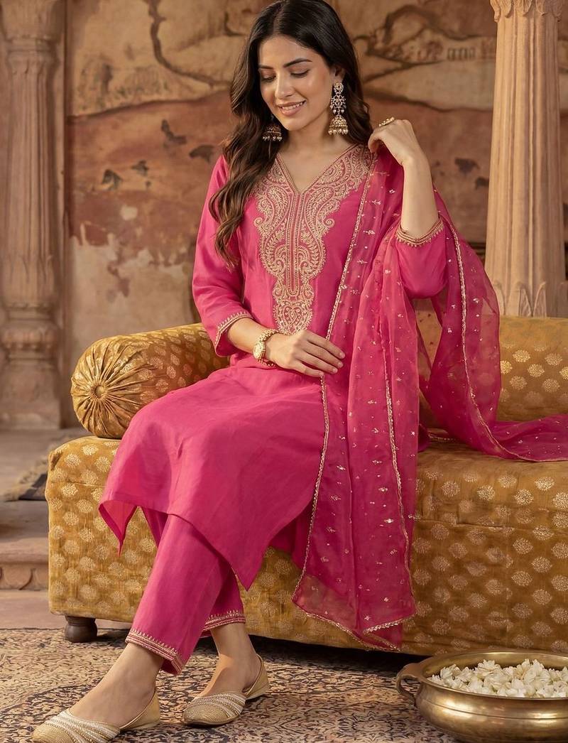 Women Ethnic Motifs Embroidered Regular Thread Work Liva Kurta with Trousers & With Dupatta