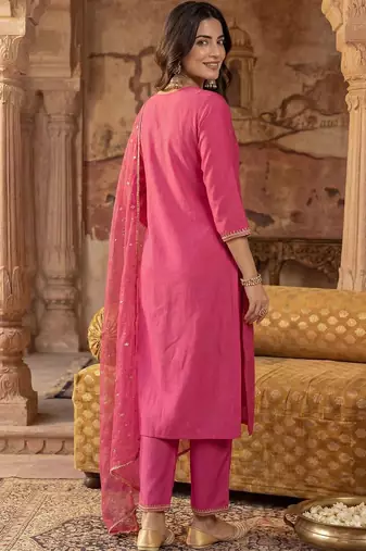 Women Ethnic Motifs Embroidered Regular Thread Work Liva Kurta with Trousers & With Dupatta