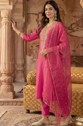 Women Ethnic Motifs Embroidered Regular Thread Work Liva Kurta with Trousers & With Dupatta