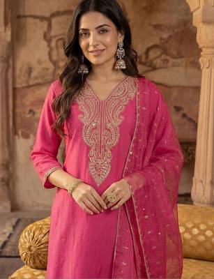 Women Ethnic Motifs Embroidered Regular Thread Work Liva Kurta with Trousers & With Dupatta 5