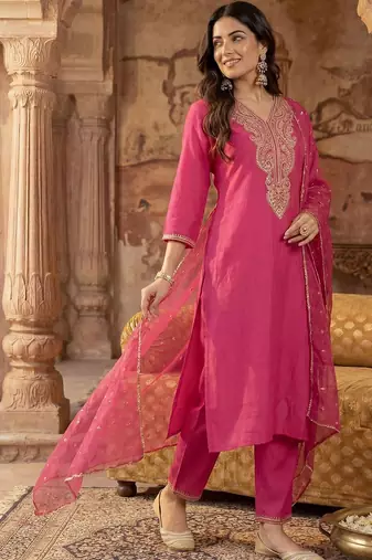 Women Ethnic Motifs Embroidered Regular Thread Work Liva Kurta with Trousers & With Dupatta