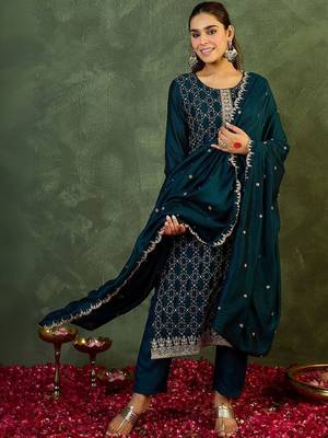 Women Ethnic Motifs Embroidered Regular Thread Work Kurta with Trousers & With Dupatta 5