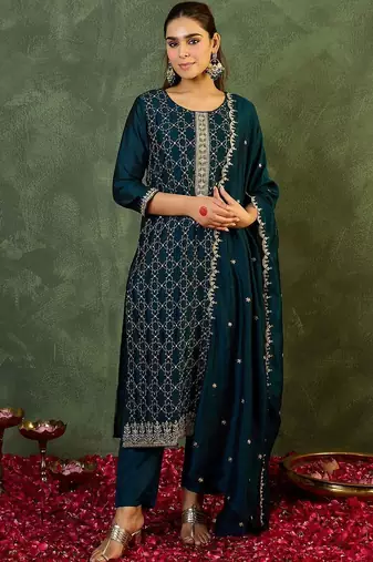 Women Ethnic Motifs Embroidered Regular Thread Work Kurta with Trousers & With Dupatta