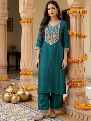 Women Ethnic Motifs Embroidered Regular Thread Work Liva Kurta with Palazzos 1