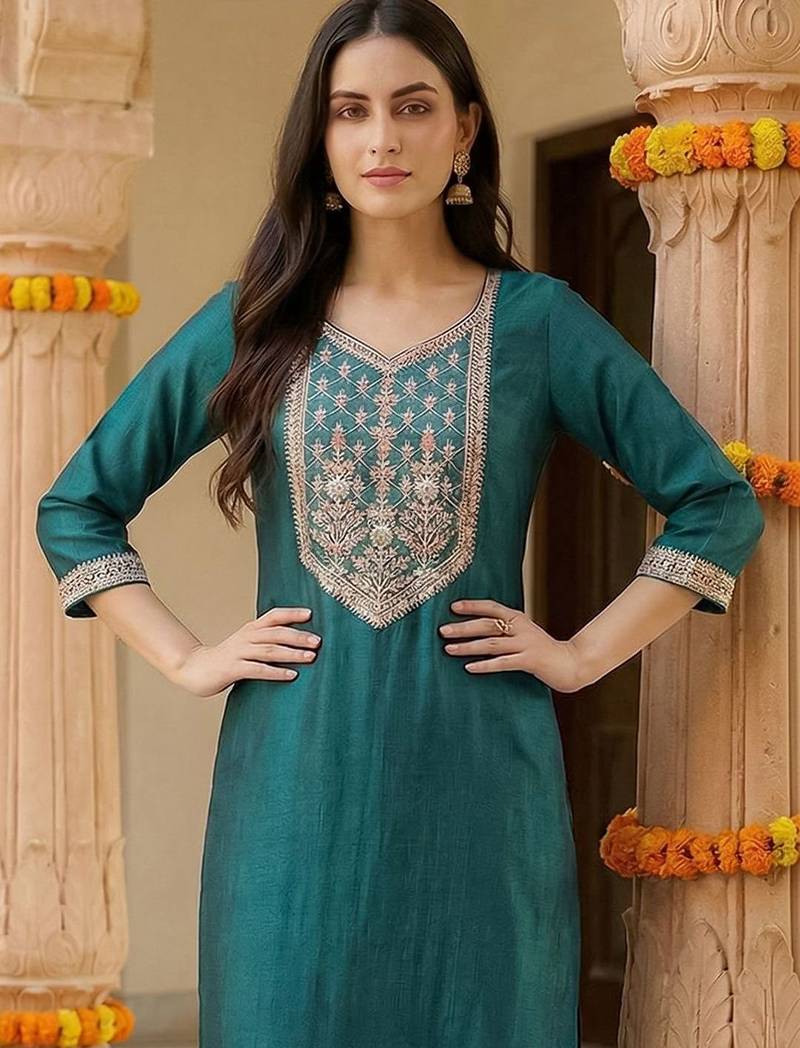 Women Ethnic Motifs Embroidered Regular Thread Work Liva Kurta with Palazzos