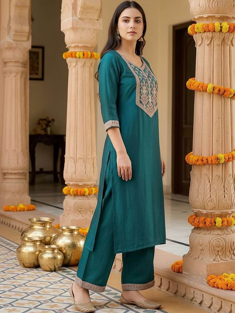 Women Ethnic Motifs Embroidered Regular Thread Work Liva Kurta with Palazzos