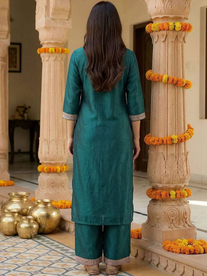 Women Ethnic Motifs Embroidered Regular Thread Work Liva Kurta with Palazzos