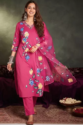 Women Floral Printed Regular Thread Work Pure Cotton Kurta with Trousers & With Dupatta