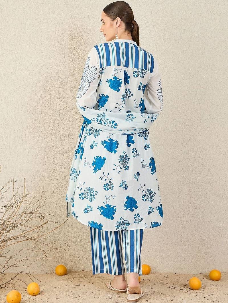 Women Floral Printed Regular Pure Cotton Kurta with Trousers & With Dupatta