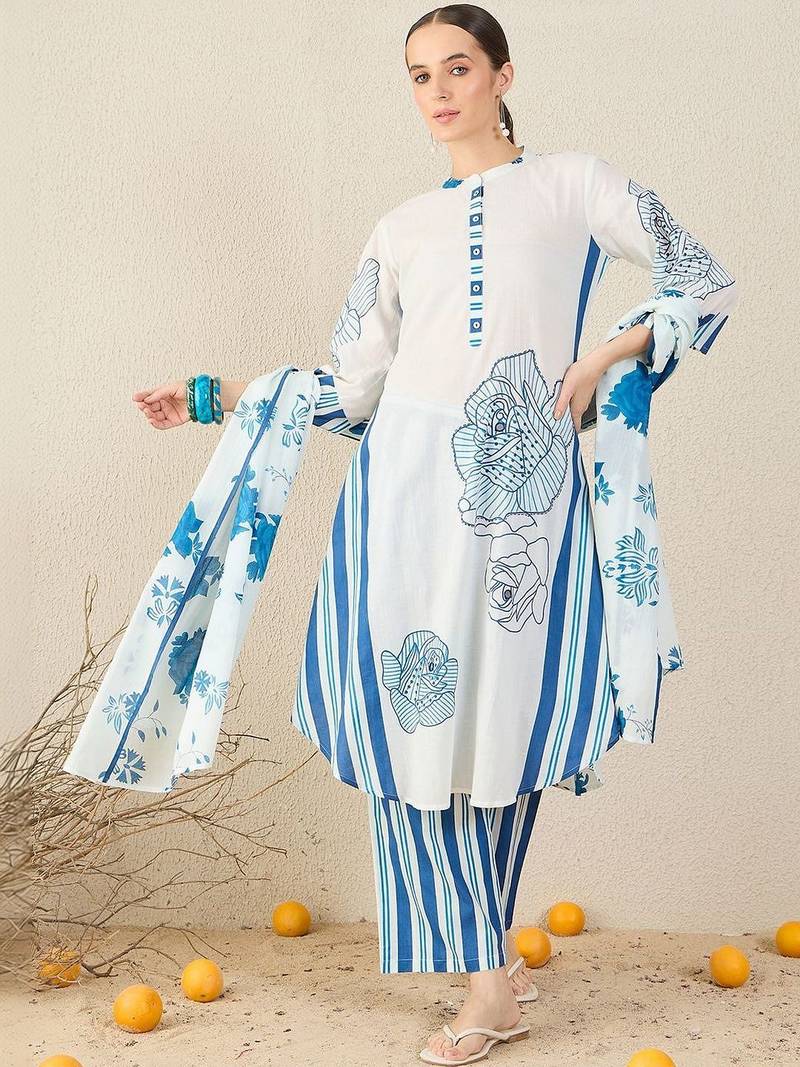 Women Floral Printed Regular Pure Cotton Kurta with Trousers & With Dupatta