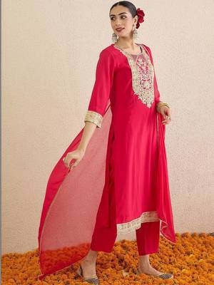 Women Ethnic Motifs Embroidered Regular Thread Work Kurta With Trousers & Dupatta 1